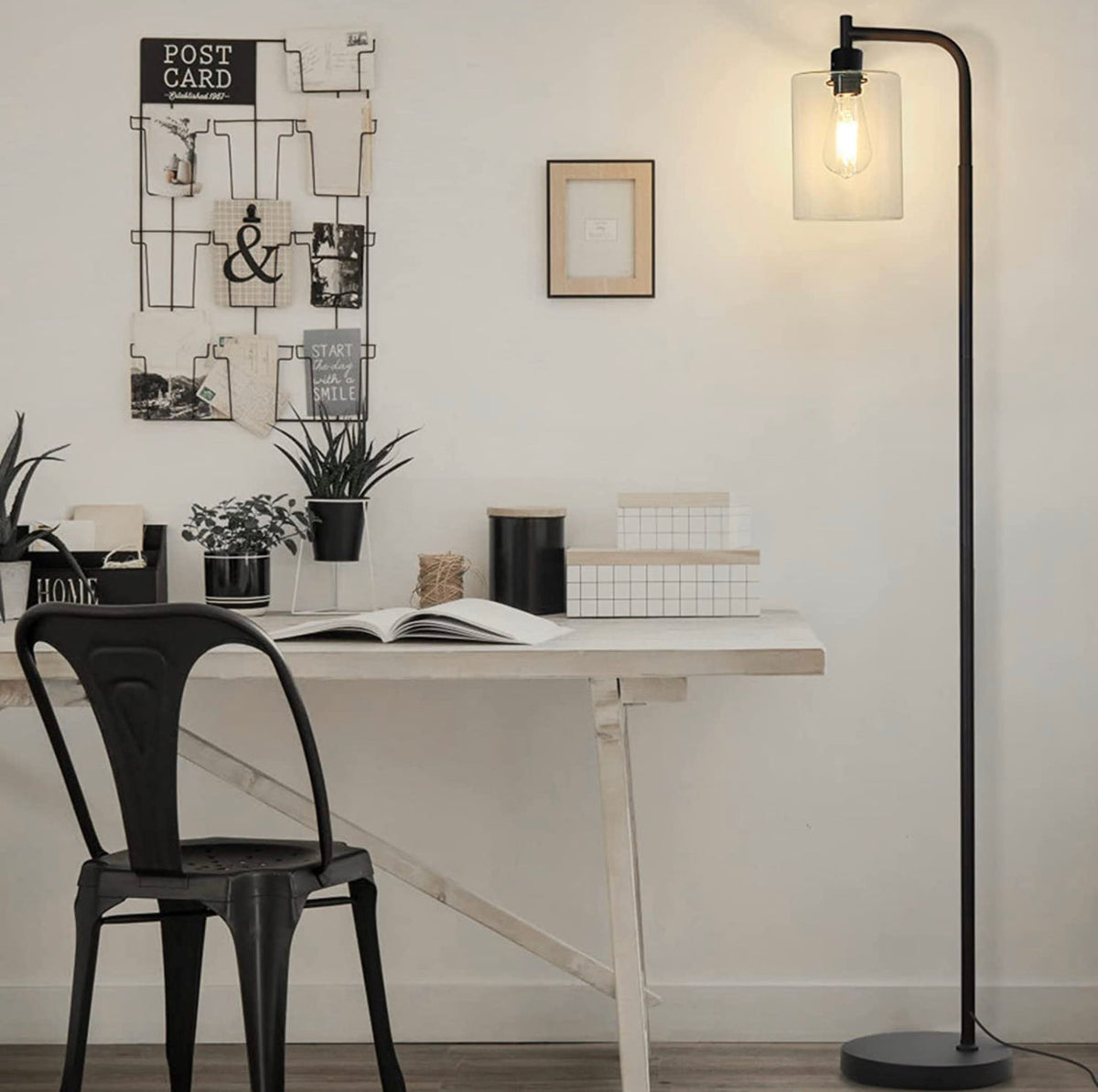 Lampadaire industriel, lampes sur pied modernes avec abat-jour suspendu en verre transparent