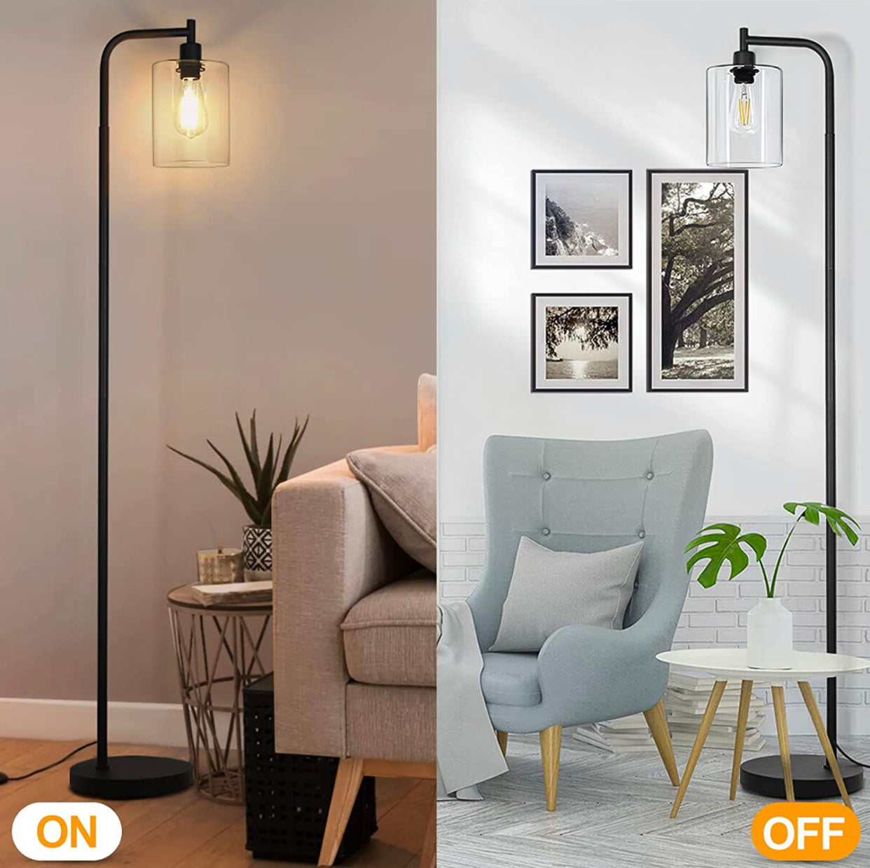 Lampadaire industriel, lampes sur pied modernes avec abat-jour suspendu en verre transparent