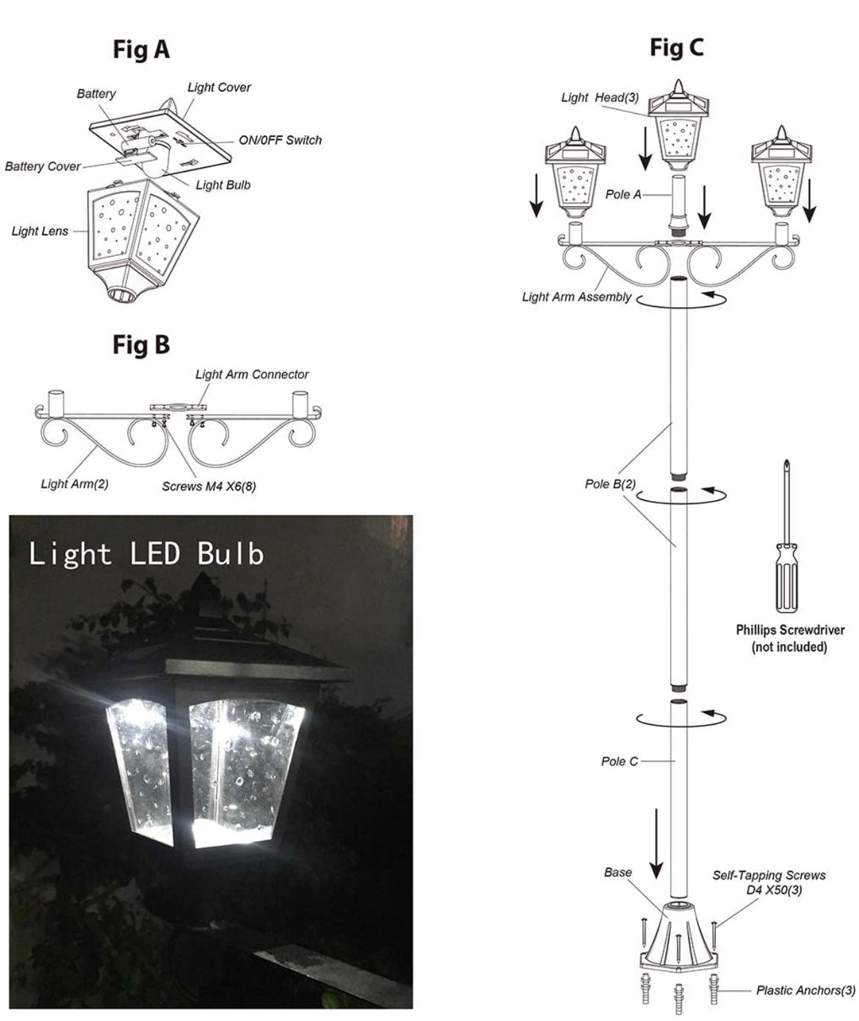 Lampadaire solaire d'extérieur à 3 luminaires avec 50 lumens - 72 pouces