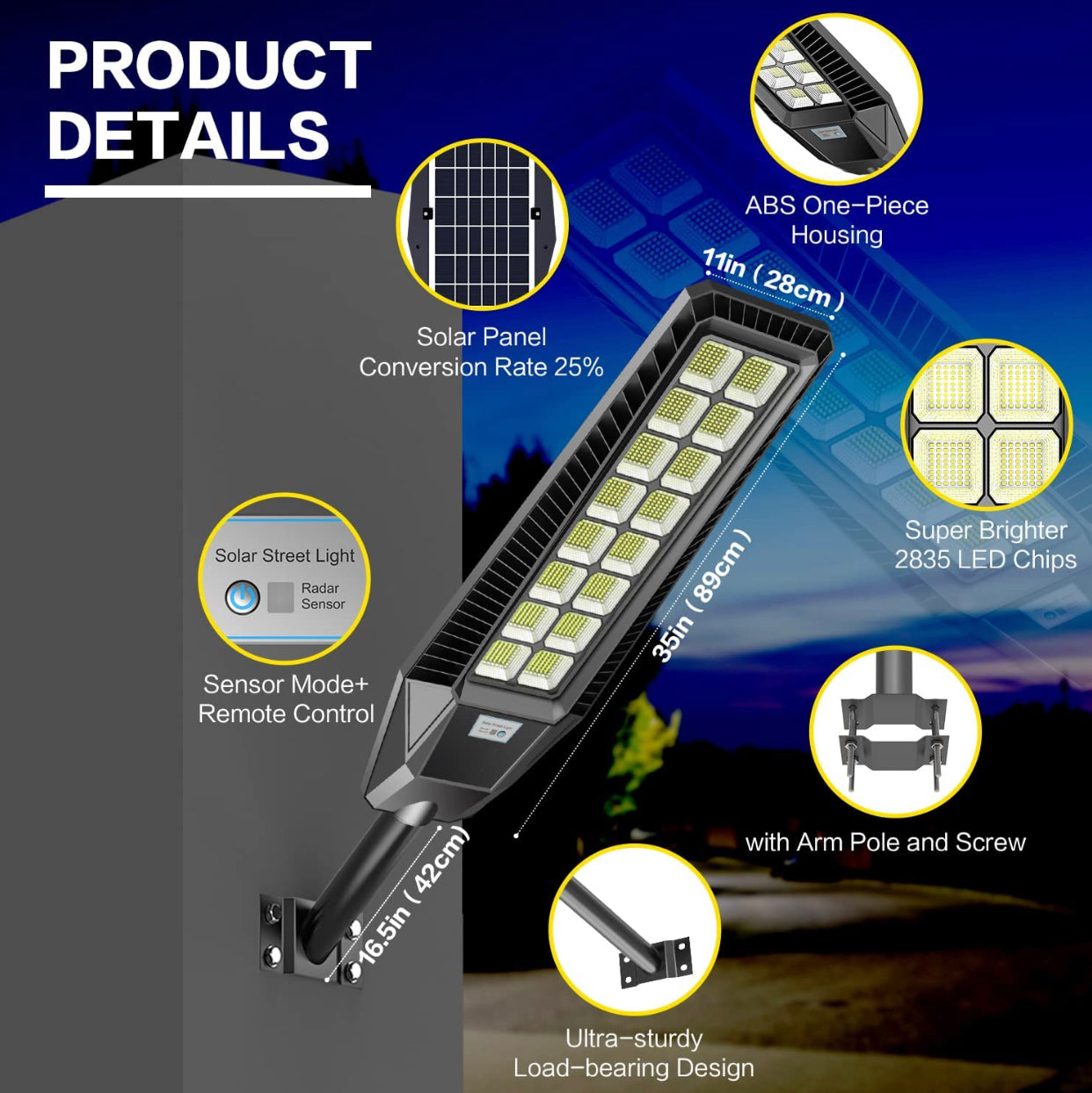 Lot de 2 lampadaires solaires d'extérieur 1600 W 90 000 lumens du crépuscule à l'aube, alimentés par l'énergie solaire avec télécommande et capteur de mouvement 