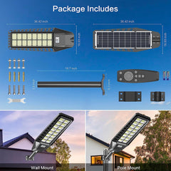 Lot de 2 lampadaires solaires d'extérieur 1600 W 90 000 lumens du crépuscule à l'aube, alimentés par l'énergie solaire avec télécommande et capteur de mouvement 