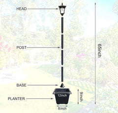 Lampadaire solaire d'extérieur de 64 pouces avec jardinière, 70 lumens, alimenté à l'énergie solaire avec 4 hauteurs réglables - Noir