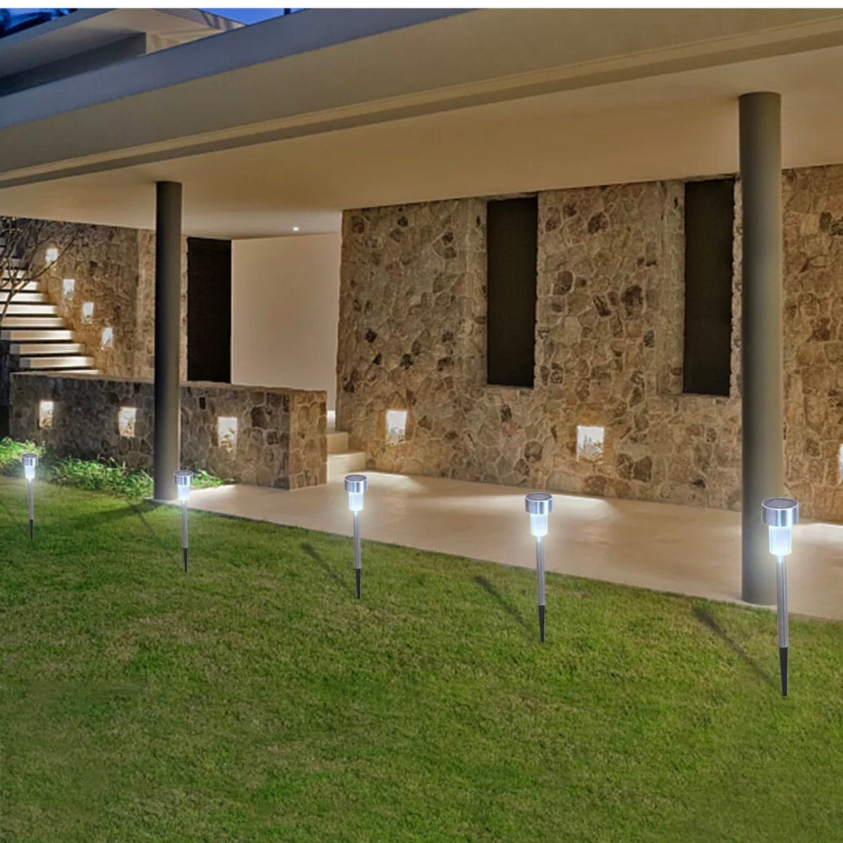 Paquete de 24 luces LED solares de acero inoxidable para exteriores para jardín, césped, paisaje, camino