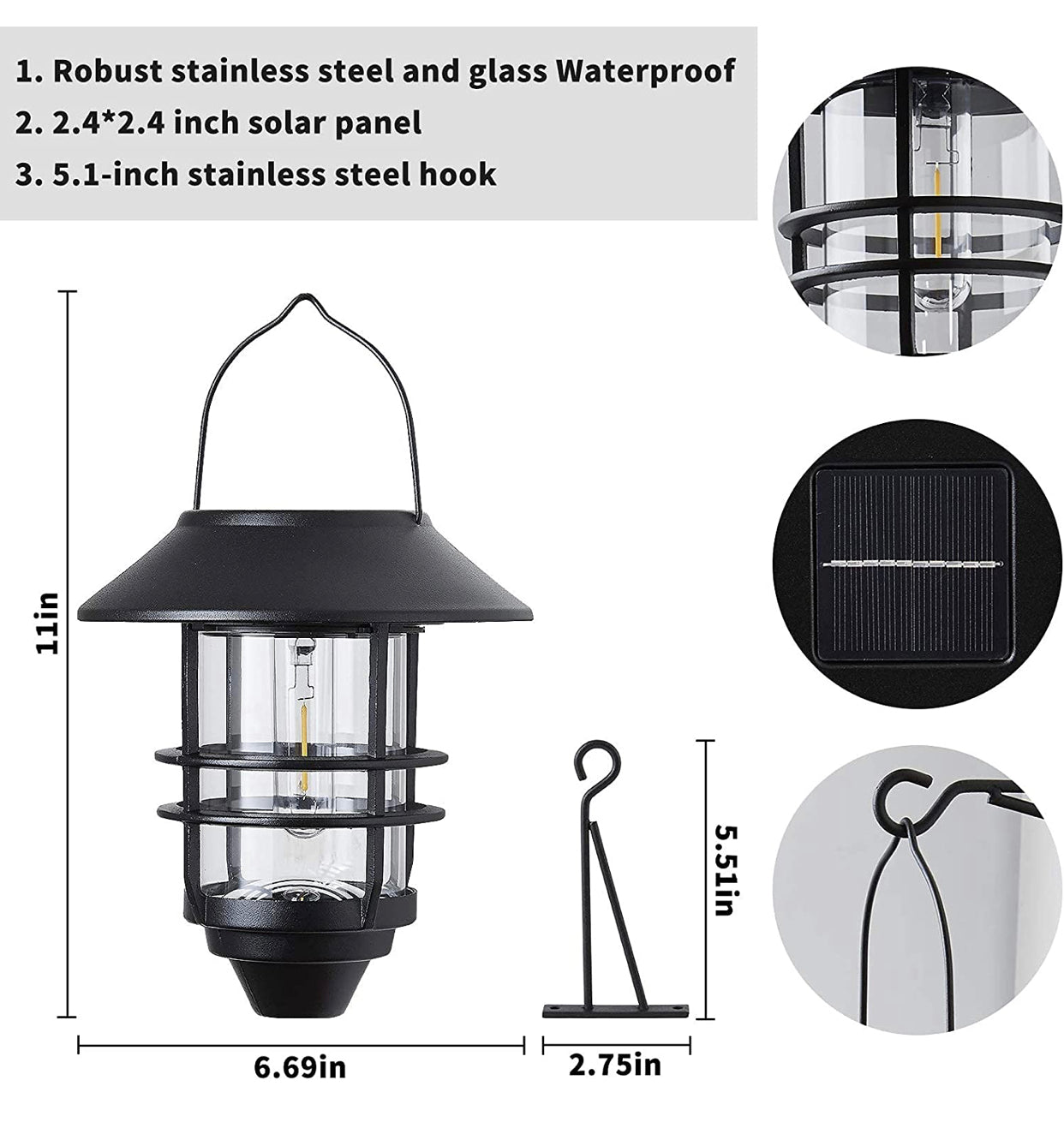 Lot de 2 lanternes solaires de sécurité suspendues pour l'extérieur, appliques murales solaires pour l'extérieur, lampes solaires pour porche, lanternes d'extérieur 15 lumens en verre lourd et en acier inoxydable