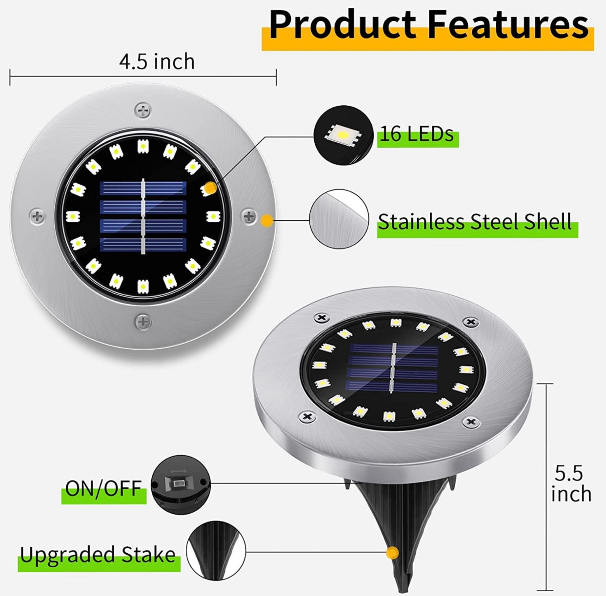 Luces solares para jardín, 16 LED, luces solares para suelo, luces subterráneas impermeables para caminos, paquete de 4