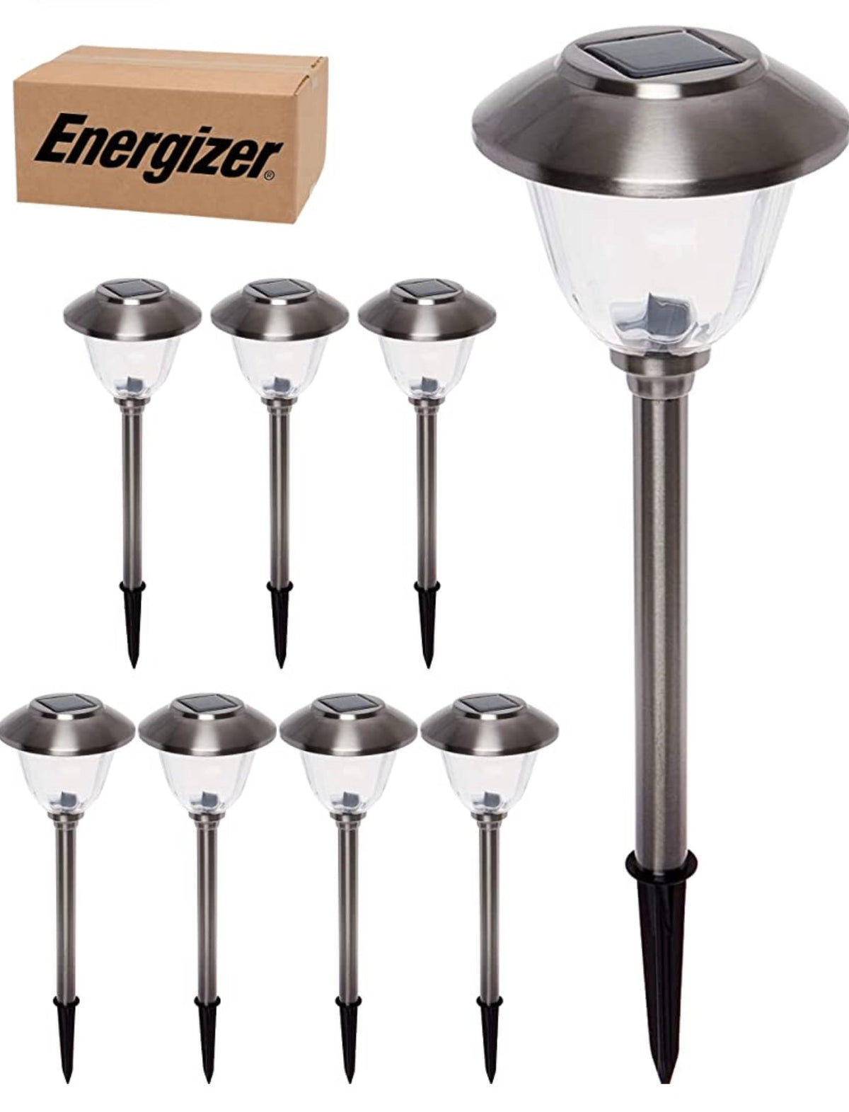 Lot de 8 lampes solaires à DEL Energizer pour allées extérieures - Verre et acier inoxydable (argent) 