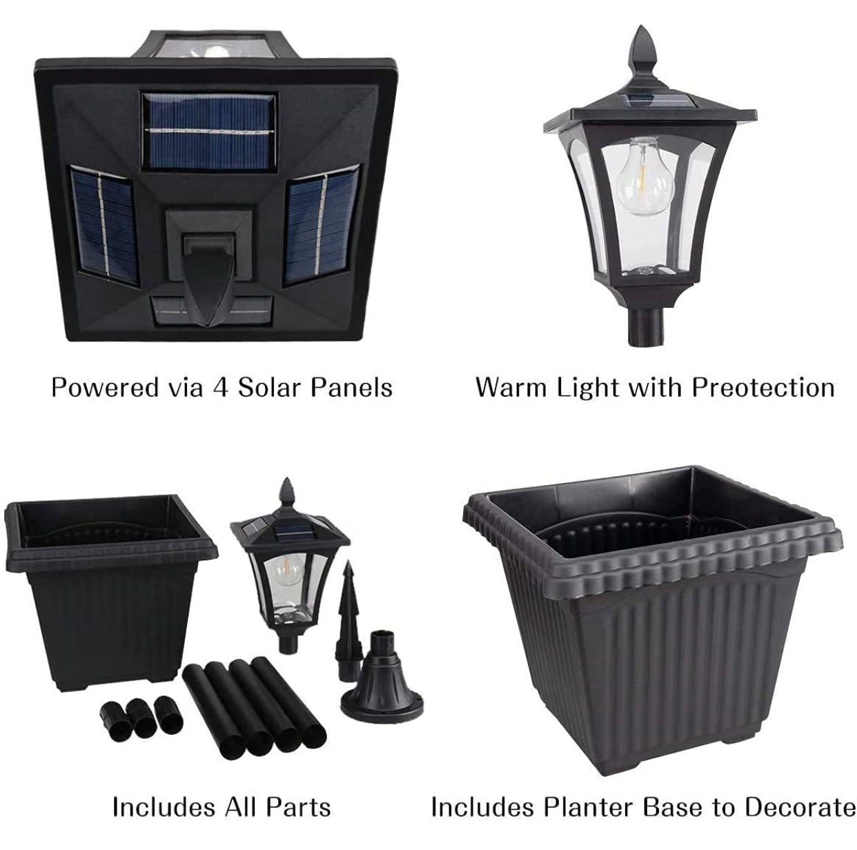 Lampadaire solaire d'extérieur de 64 pouces avec jardinière, 70 lumens, alimenté à l'énergie solaire avec 4 hauteurs réglables - Noir