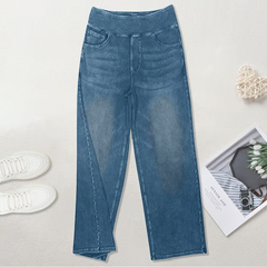 🏆 Women's High-Waisted Washed Baggy Wide-Leg Stretchy Knit Jeans with Multiple Pockets – Comfortable Casual Denim