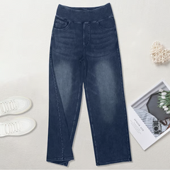 🏆 Women's High-Waisted Washed Baggy Wide-Leg Stretchy Knit Jeans with Multiple Pockets – Comfortable Casual Denim