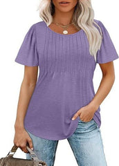 Liora Pleated Short Sleeve Top | Scoop Neck Pull-On Women's Blouse