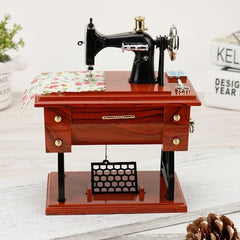 Melody Stitch Clockwork Music Box | Wooden Sewing Machine Decor With Drawer Play