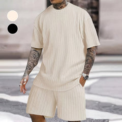 Metro Textured Stripe Men's Cotton Tee and Drawstring Shorts Set | Relaxed Fit