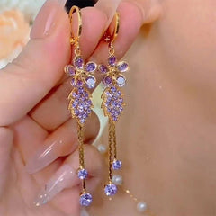 Seravine Floral Tassel Earrings | Purple & Champagne Rhinestone Drop Jewelry