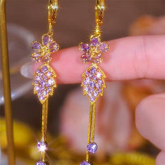Seravine Floral Tassel Earrings | Purple & Champagne Rhinestone Drop Jewelry