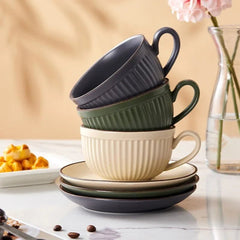 Stoneware Mug Set with Ergonomic Handles and Matching Saucer – Elegant Coffee and Tea Cup Set for Daily Use