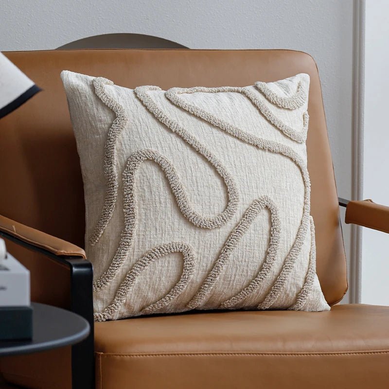 VeluraWave™ Plush Decorative Pillow – 18 Square Ivory Chenille with Abstract Design