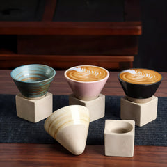 Vintage Cone Shaped Ceramic Espresso Cups Set with Holder – Handcrafted Demitasse Mugs for Unique Coffee Experience