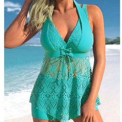 Waveform Lace-Accent Tankini Set | Drawstring Top & Matching Shorts